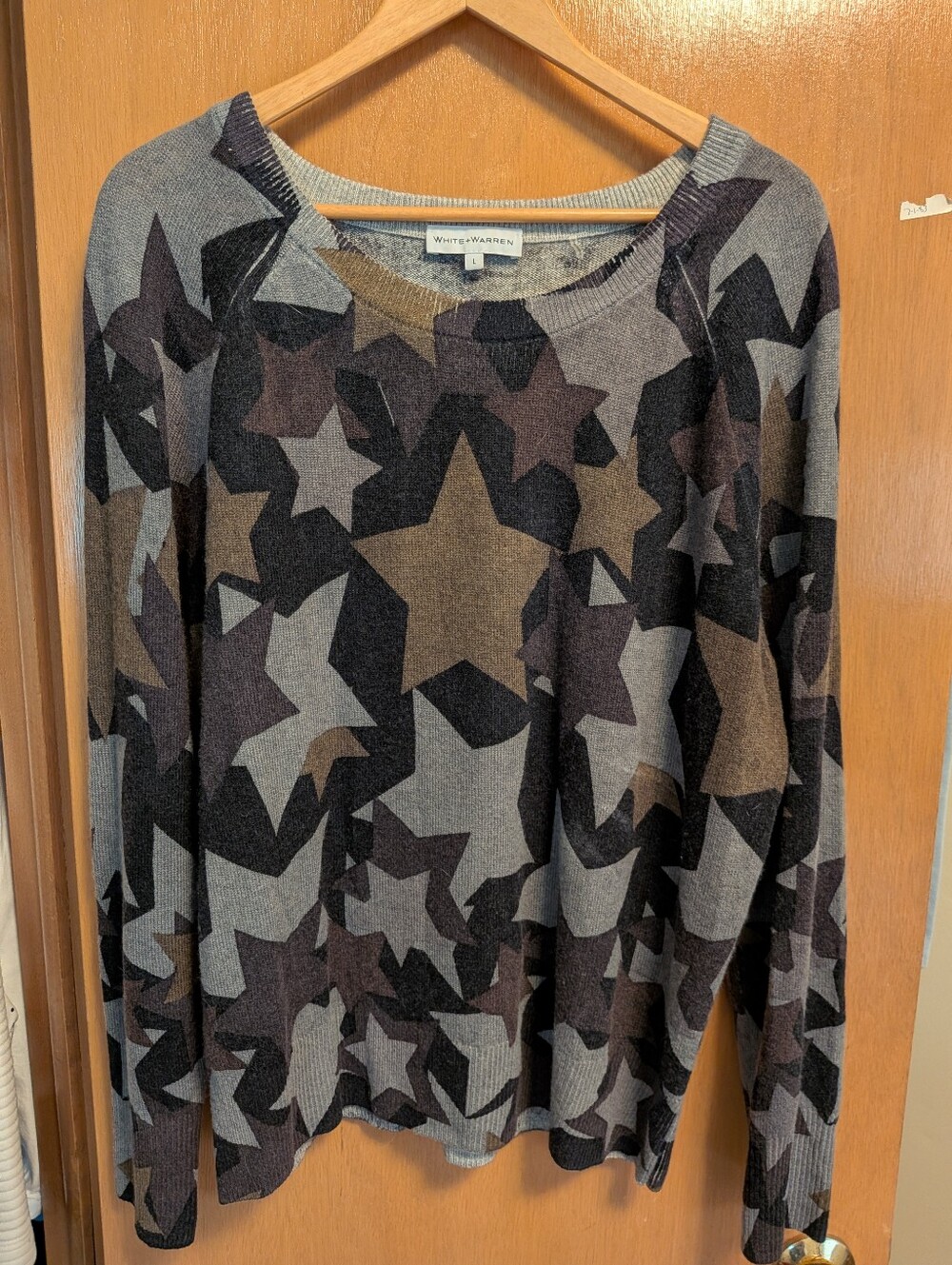 White + Warren Gray, Brown and Black Star-Print Knit Cashmere Sweater, Large